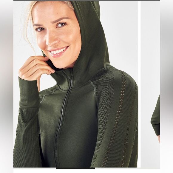 Fabletics Kiley Seamless Hooded Jacket, Dark Olive - Picture 2 of 10